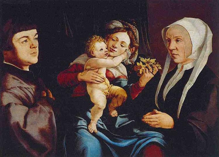 Jan van Scorel Madonna of the Daffodils with the Child and Donors oil painting image